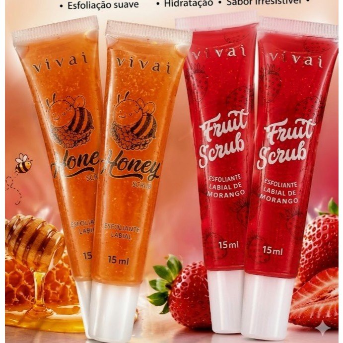 Kit com esfoliantes labial morango ou honey (mel) Vivai
