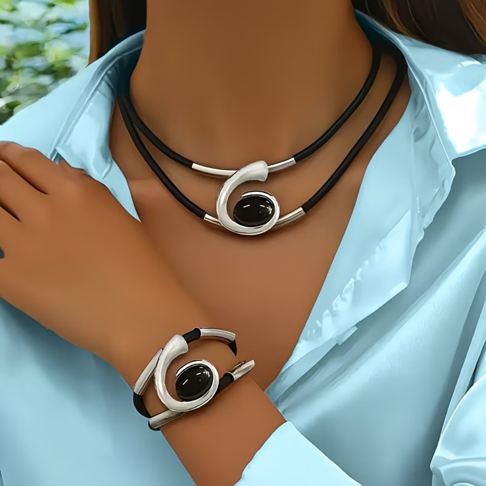 2 Peças/Conjunto Colar e Pulseira Feminina Estilo Boêmio com Pingente Oval Design de Corda com Camada Dupla 45 cm