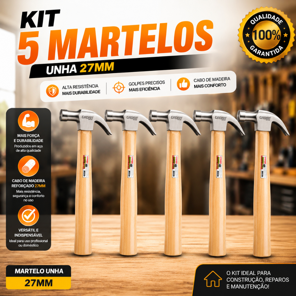 Kit 5 Martelos Unha Cabo Madeira Ferramenta Profissional Resistente Marcenaria Carpintaria Atacado