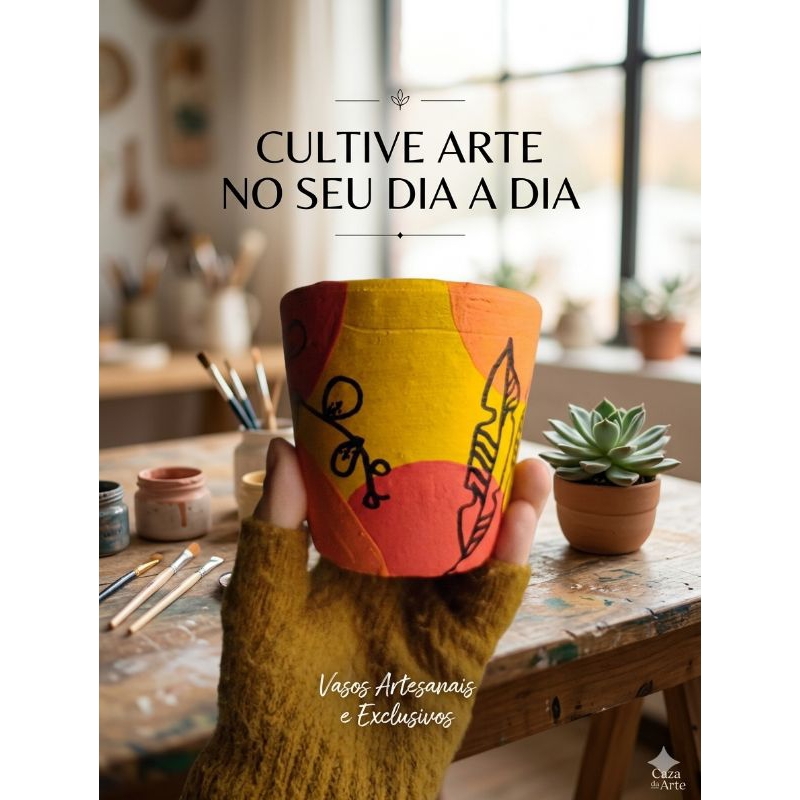 Vaso de Barro Decorado Pintado a mão para Escritório, Ambientes internos, Suculentas, cactos