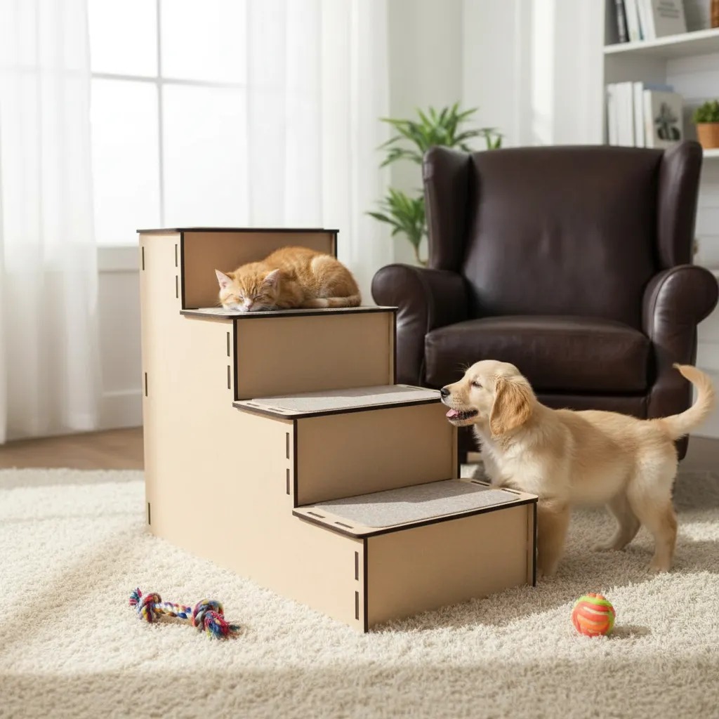 Escada Pet Cachorro 4 Degraus Antiderrapante MDF Cães Todos os Portes Gato Idoso Cama Sofá Rampa