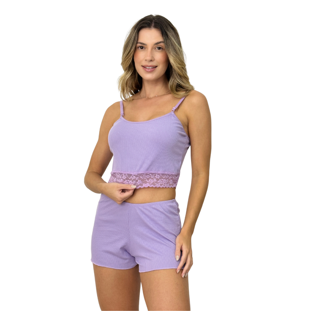 Pijama Baby Doll Short doll Canelado Com detalhe Renda Luxo Feminino Confortavel Ajuste Na Alça