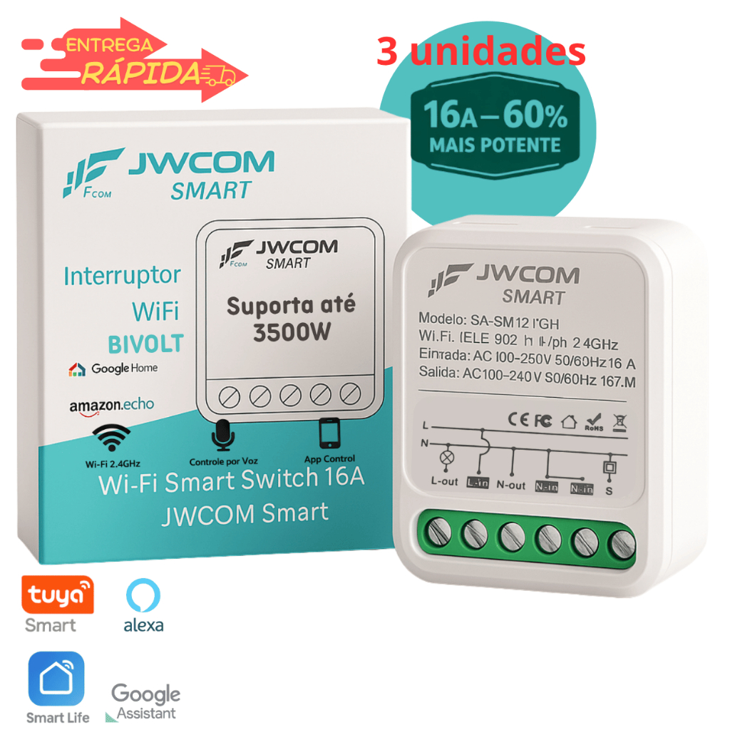 Módulo Interruptor Inteligente Wi-Fi 16A 1 Canal Tuya Alexa Google Automação JWCOM
