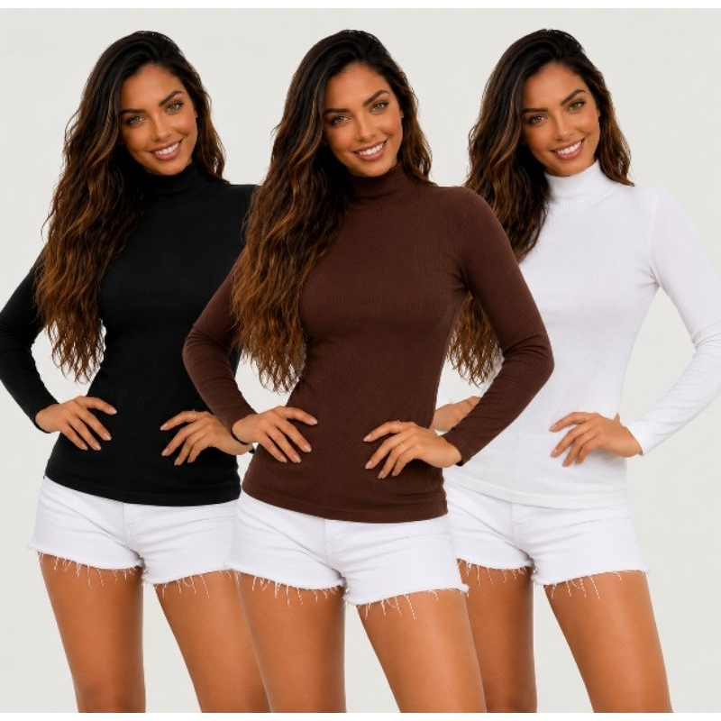 Blusa Blusinha Frio Feminina Manga Longa Segunda Pele Gola Alta Tendência Frio Must-Have do Inverno Looks Promoção