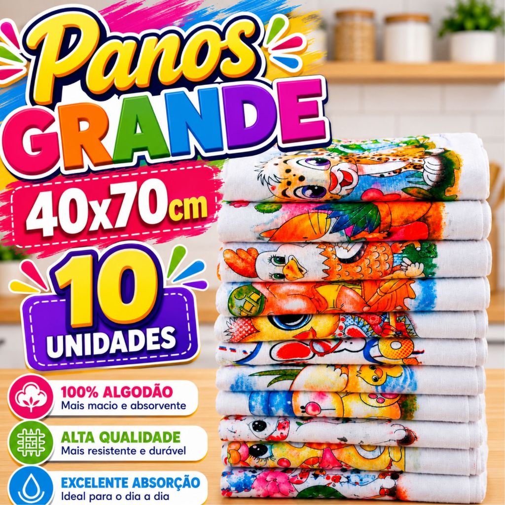 Kit 10 Pano de Prato Premium Estampado Com Bainha