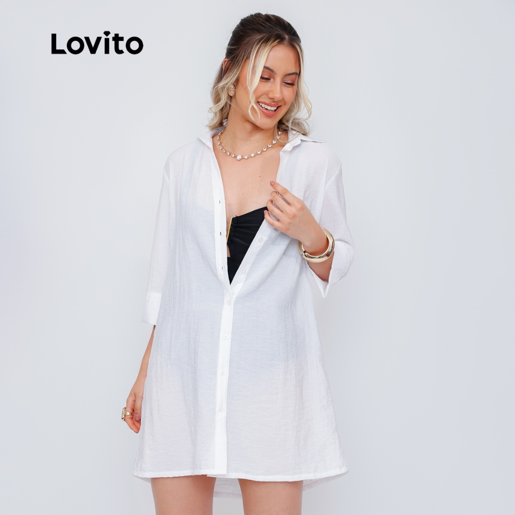 Lovito Camisa Vestido em Tecido Leve DRB15461576