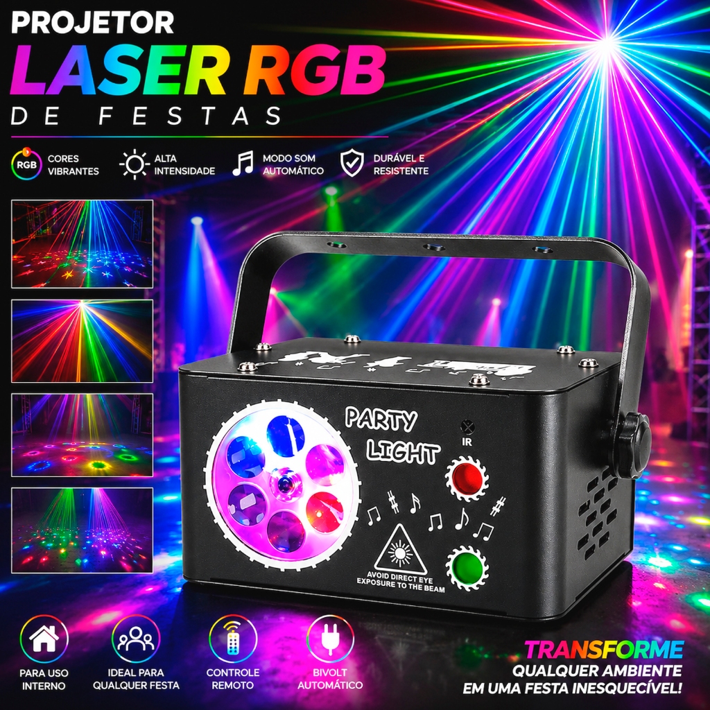 Projetor Strobo Lazer 2 em 1 Canhão LED RGB C/ Controle Remoto para Festas e Eventos