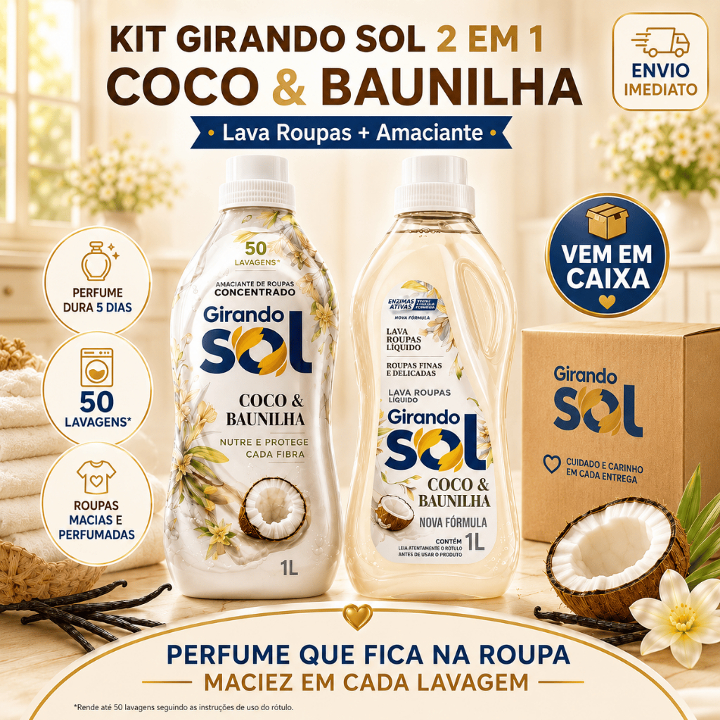 Kit Amaciante Concentrado + Lava Roupas Líquido Girando Sol Coco Baunilha 1L Cada Rende 50 Lavagens