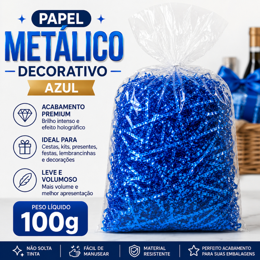 Papel Metálico Palha Decorativo de BOPP 100g Enchimento Cestas Presentes Festa Laminado Brilhante