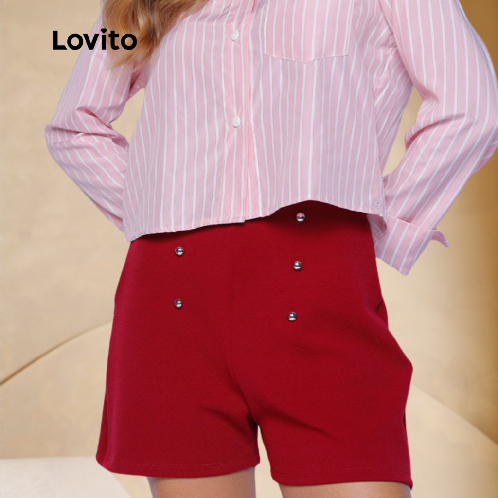 Lovito Shorts Vermelho Alfaiataria com Botoes Frontais Femino de Cintura Alta BRSTB1322BRL1352