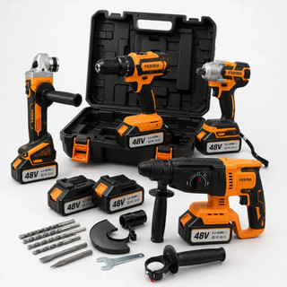 Kit Ferramentas Elétricas 4 Em 1 de 48v Bateria Furadeira Esmerilhadeira Martelete Chave Impacto Sem Fio 2 Baterias