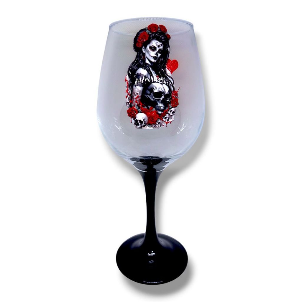 Taça Dona Rosa Caveira Grande 380ml Fundo Preto Barone Vidro Umbanda Altar Oferenda