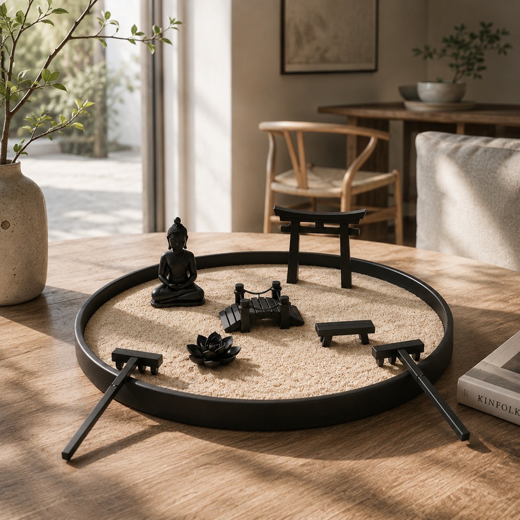Jardim Zen Redondo Gigante Completo Japonês I Jardim com Areia Buda Ponte Torii banco rastelos Decoração Zen Feng Shui