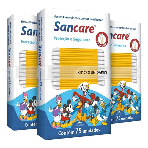 Kit 03 Caixa Hastes C/75 Unidades Mickey e Amigos Sanfarma
