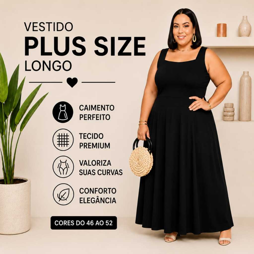 Vestido Plus Size Longo Feminino Liso com Lastex nas Costas Elegante Confortavel G GG G1