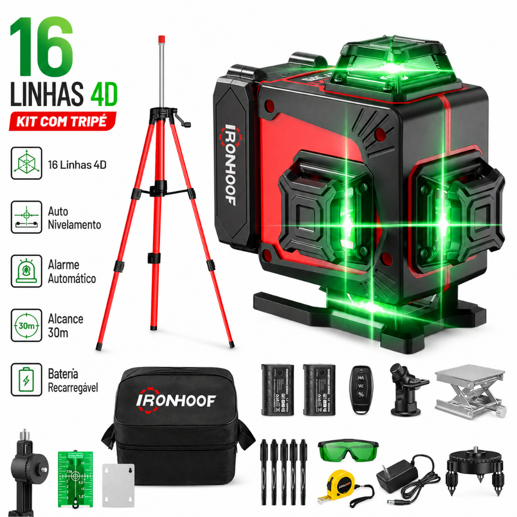 Nível Laser Profissional Com Tripé 16/2 Linhas Verde Autonivelante
