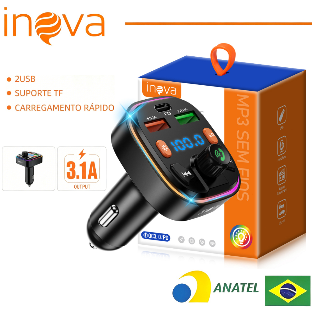 INOVA Adaptador Veicular QC3.0 + Bluetooth 5.0: Transmissor FM, MP3 Player, Áudio Estéreo Modulação