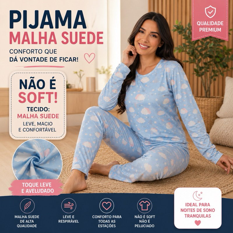 Pijama longo feminino conforto meia estaçao  comprido confortável  suede grande macio barato