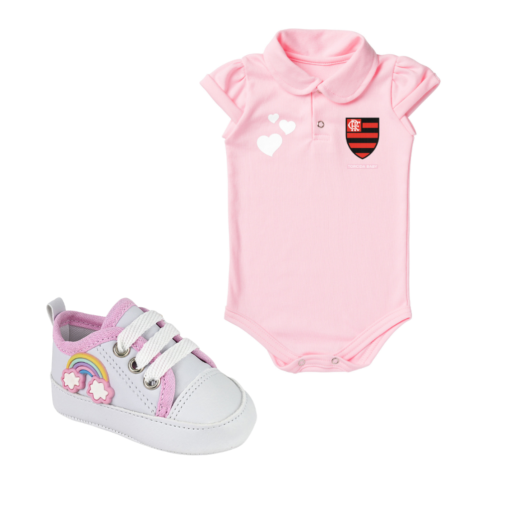 Kit 2 Peças Body Flamengo Rosa Torcida Baby Oficial e Tênis Bebe Mania 722-01