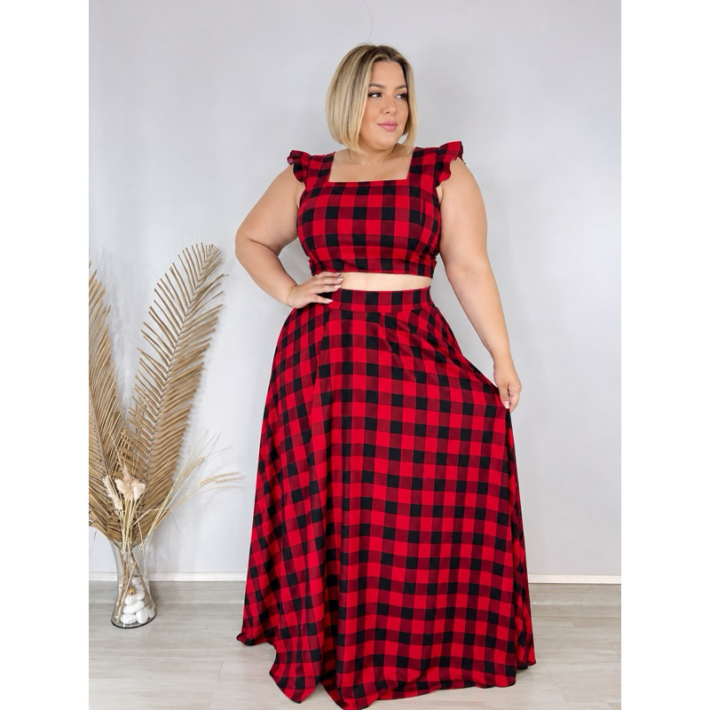conjunto moda maior plus size saia godê croped de alça com babado . roupa feminina forrado