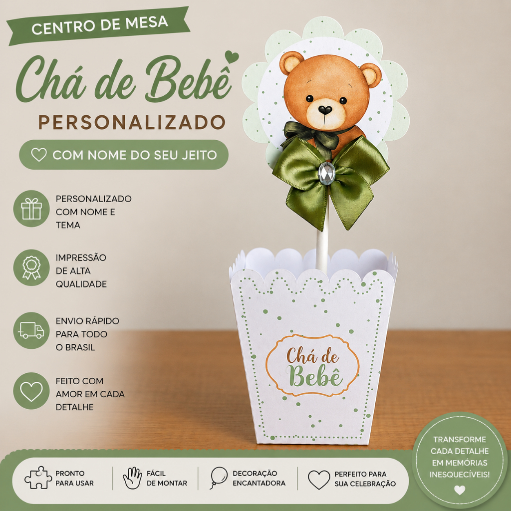 Centro de Mesa Cachepô Chá de Bebê Ursinho Verde - PEGUE E MONTE Personalizados Lembrancinhas