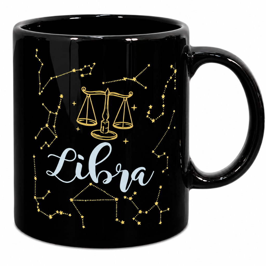 Imagem Caneca Signo Libra Cerâmica Preta 320ml | Constelação Zodíaco Presente Astrologia