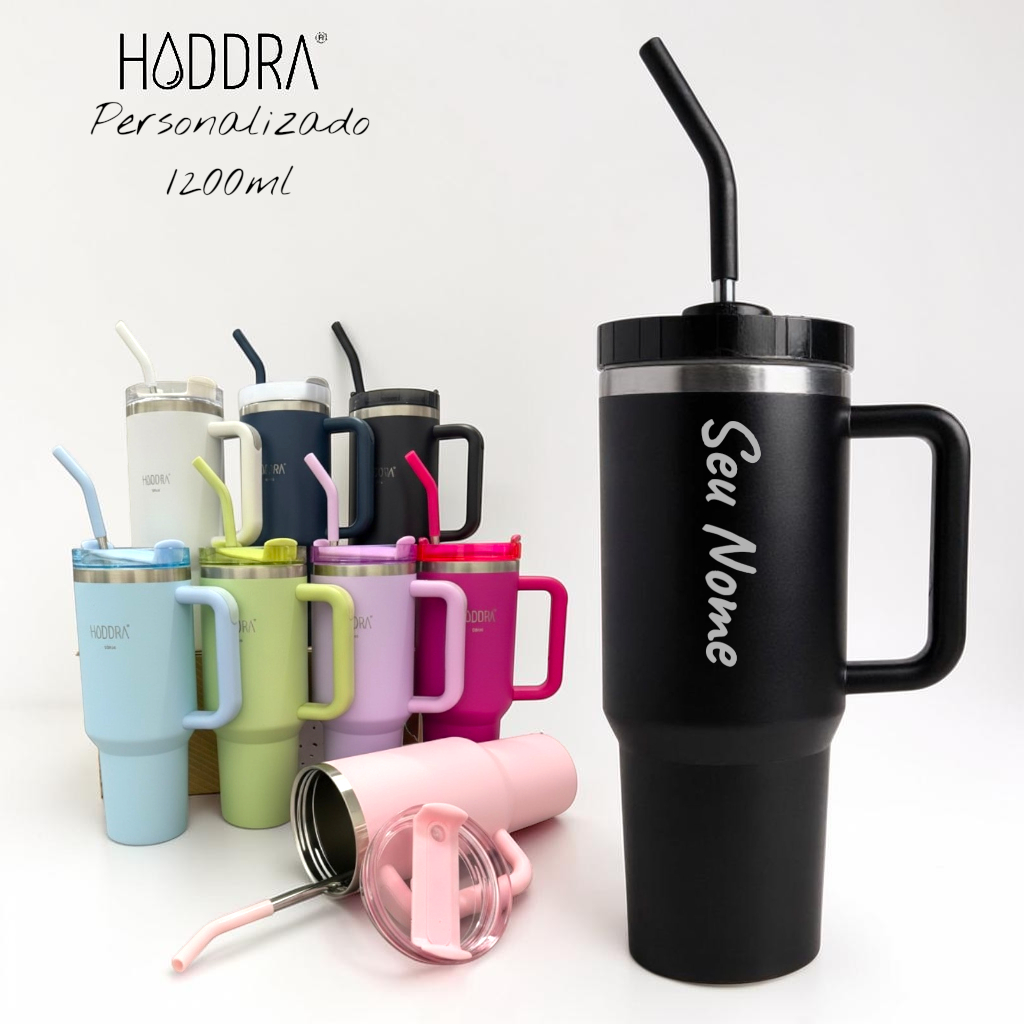 Copo Térmico 1200ml Personalizada Com Seu Nome Hiddra Inoxidável e Canudo Inox Coloridas