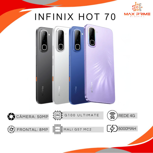Infinix Hot 70 4G, Processador Mediatek Hélio G100, Câmera 50MP, Versão Global, 256GB + 4GB RAM