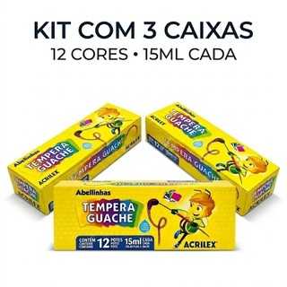 Kit 3 Caixas Tinta Guache Acrilex 12 Cores 15ml Infantil Escolar Não Tóxica Pintura Artesanato