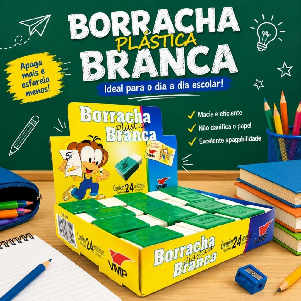 Kit 24 Unidades Borracha com Capa Borracha para Apagar Lápis Material Escolar Borracha Branca