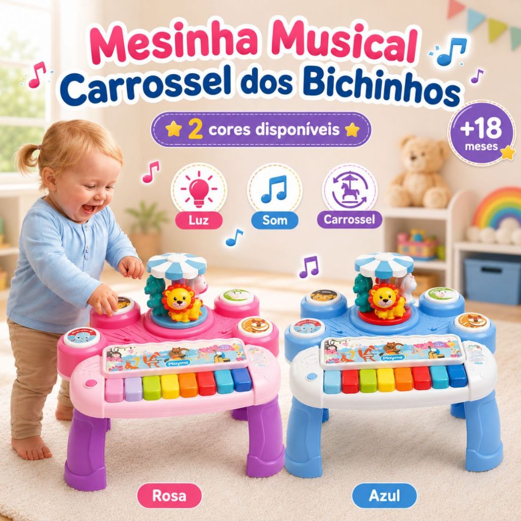 Mesinha Musical Bebe Infantil Luz Som Teclado Interativo Didática Educativa Rosa Azul Playmi