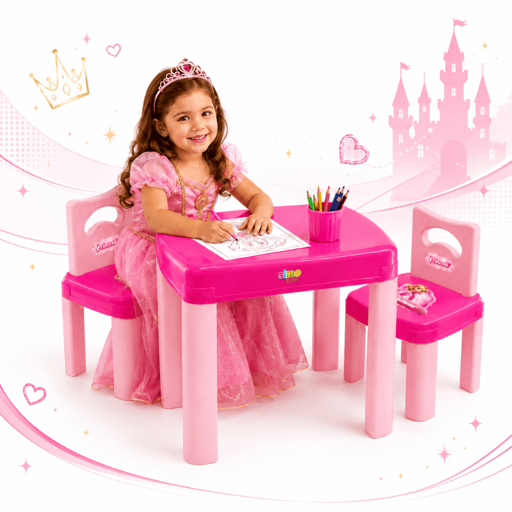 Mesinha Infantil Princesa com 2 Cadeiras Didática para Desenhar Brincar e Estudar