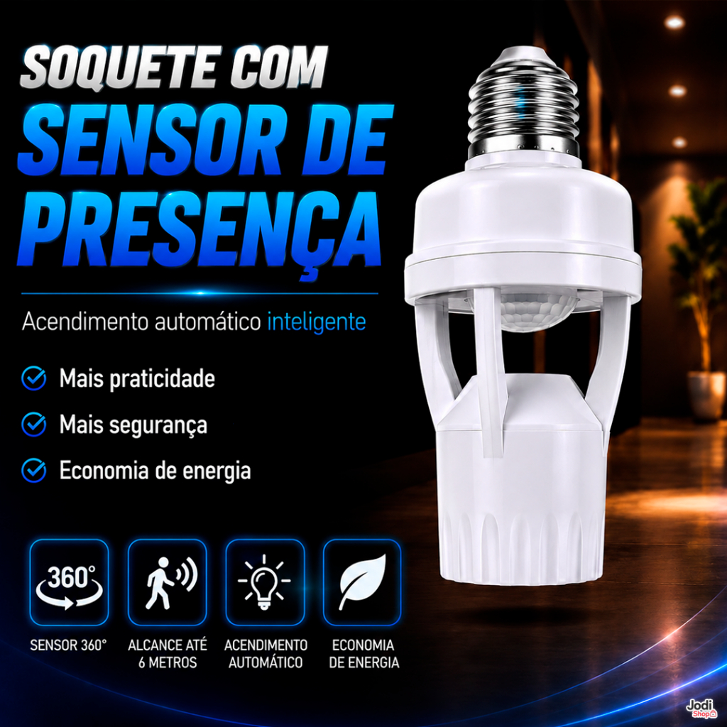 Soquete Sensor de Presença E27 Inteligente Bivolt Automático 360°