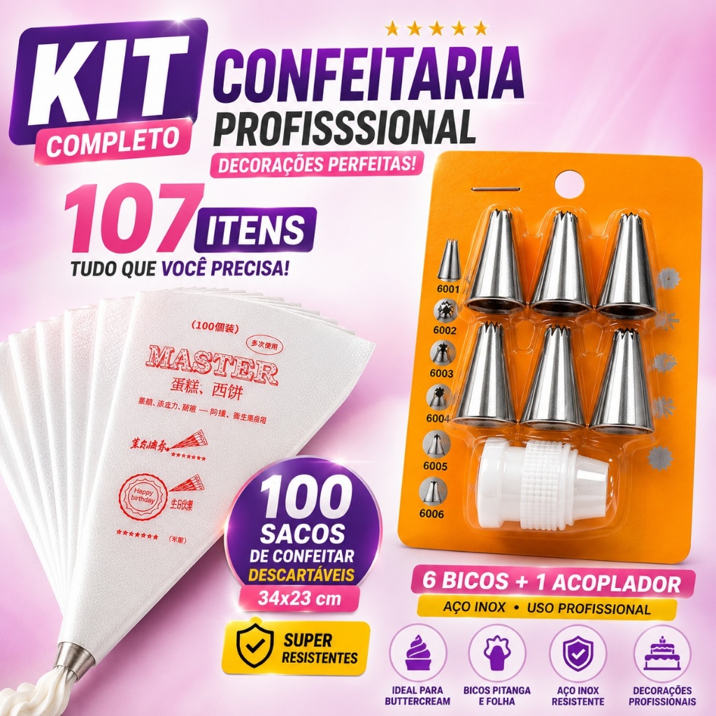 Kit Confeitaria Profissional 107 Itens 100 Sacos De Confeitar 34x23 + 6 Bicos Inox Com Acoplador