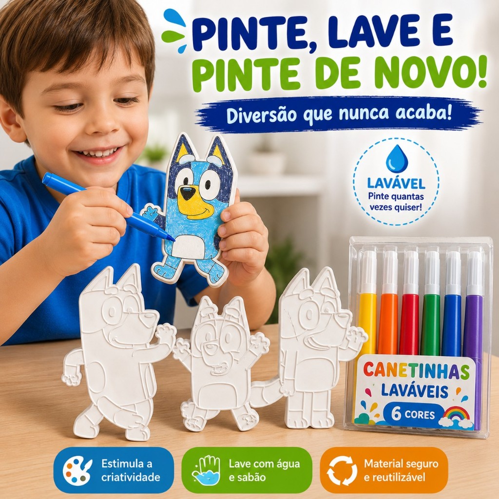 Kit Completo Infantil Figuras Laváveis Para Colorir + Canetinhas Coloridas