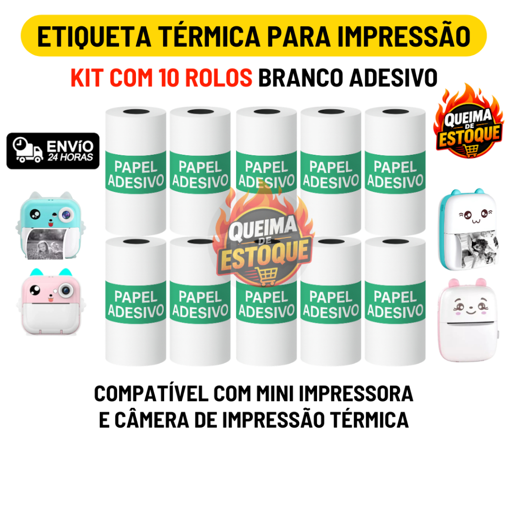 Kit 10 Rolos Etiqueta Térmica Adesiva Branco 50mm Bobina Refil Para Mini Impressora Portátil e Maquina Fotográfica