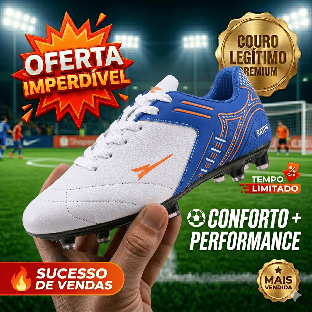 Chuteira em Couro Legitimo Futebol Campo Trava - Resistente Costurada - Original R121-03