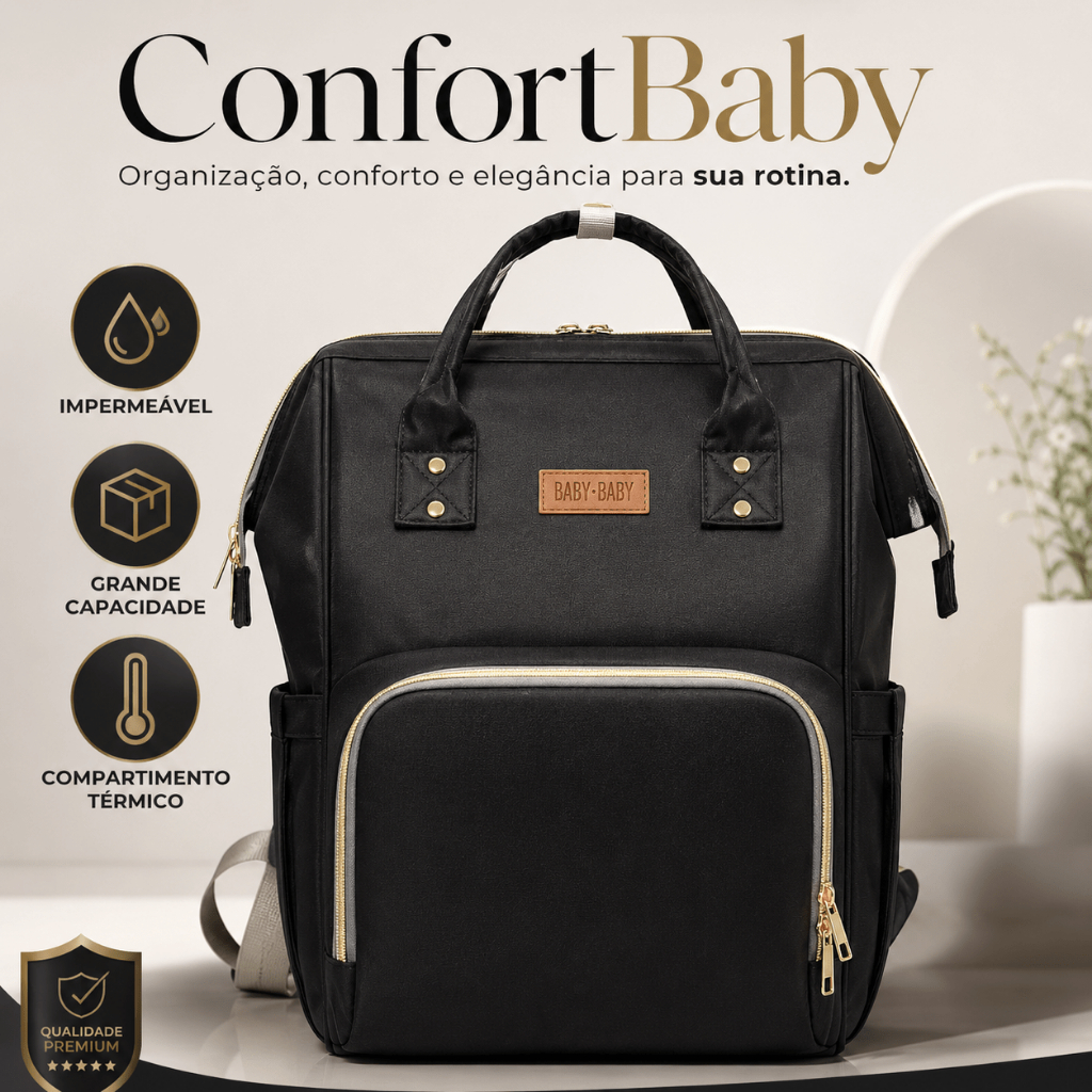 ConfortBaby Mochila Maternidade Impermeável com Grande Capacidade, Compartimento Térmico e Bolsos Organizadores preta