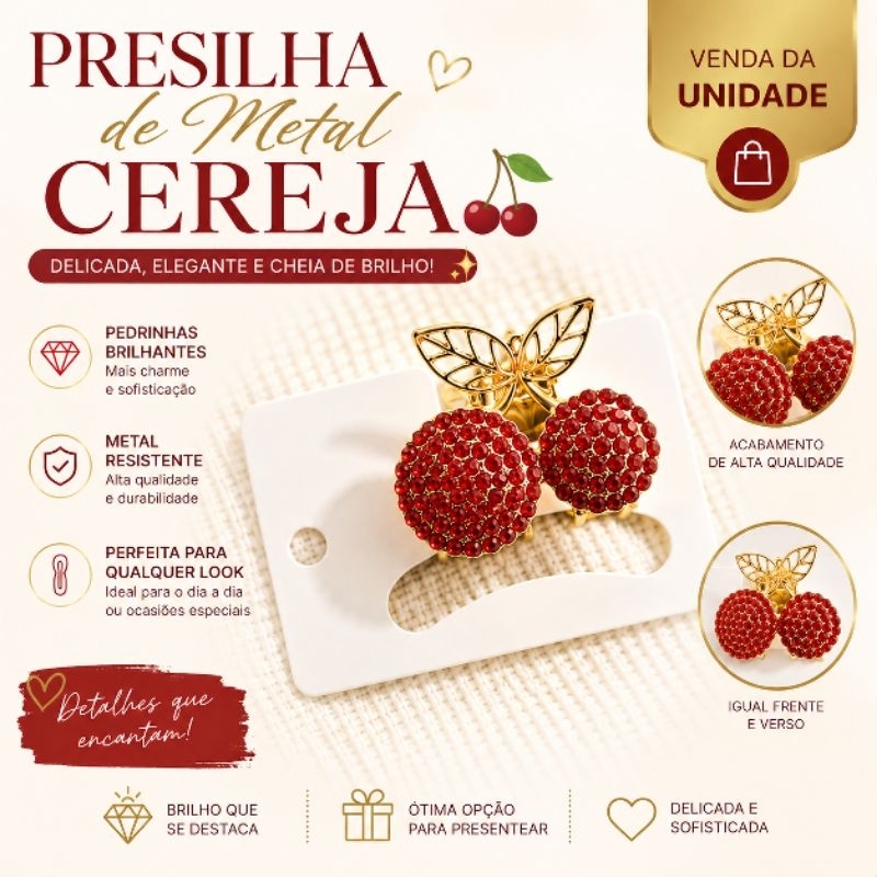 Presilha de Cabelo Cereja Vermelha em Metal com Strass – Acessório Fashion Dourado
