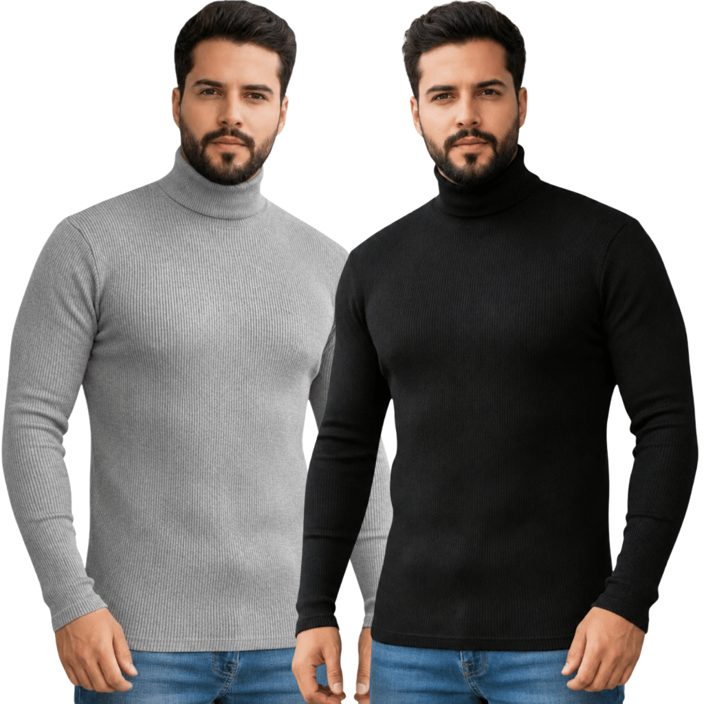 Kit com 2 Blusas Masculinas Gola Alta Canelada Manga Longa Corte Slim Térmicas Confortáveis Casuais