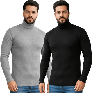 Kit com 2 Blusas Masculinas Gola Alta Canelada Manga Longa Corte Slim Térmicas Confortáveis Casuais