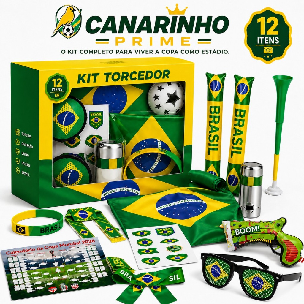Kit Torcida Brasil Copa 2026 Completo 12 Itens Torcedor (Bandeira Grande e Acessórios)