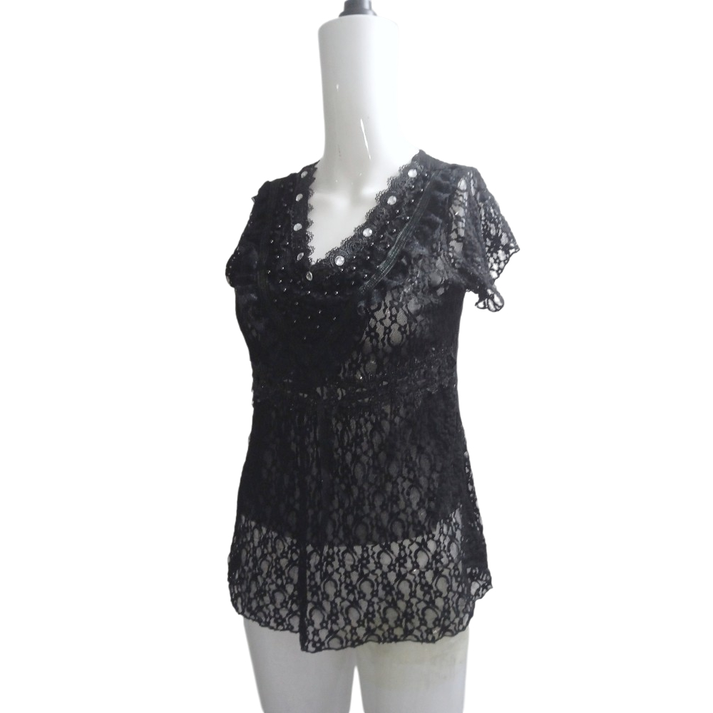 Blusa Rendinha Casual Feminina transparente com pedraria Rendada Estilosa Preto brechó Tamanho P