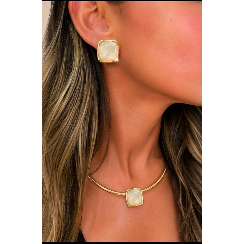 Conjunto Gargantilha + Brincos Quadrado Marmorizado