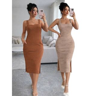 Kit 2 Vestidos Midi Feminino Ribana com Decote Coração com Fendas Laterais e Bolsos Moda Verão 2026