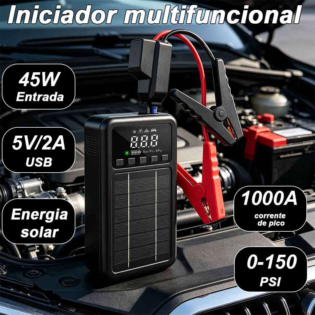 Partida Auxiliar Solar 10000mAh PowerBank 5 em 1 Compressor Inflator Pneu Carro LED