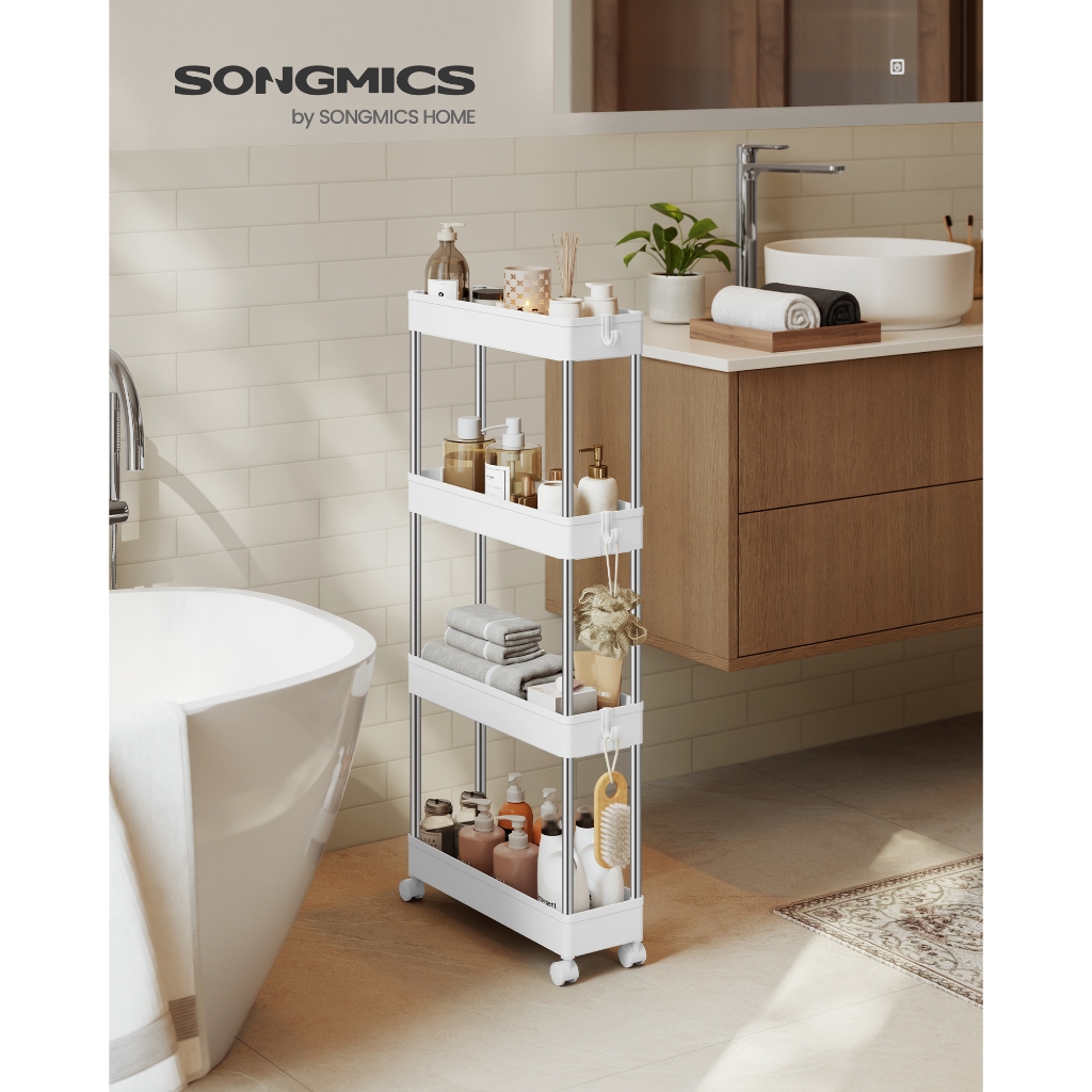 Imagem SONGMICS Carrinho Organizador 4 andares Multiuso, Trolley de Armazenamento para Cozinha ou Banheiro, Branco