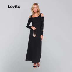 Lovito Vestido Longo Ombros Vazado Manga Longa Moda Feminina DRB18961926
