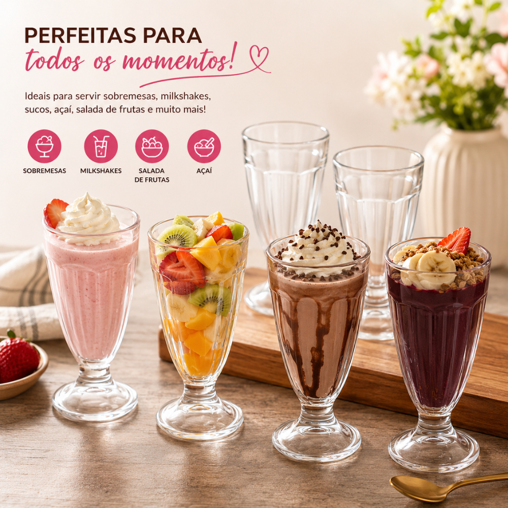 Jogo De Taças 6 Peças 310ml Vidro Milkshake Sorvete Açai Sundae Frutas Sobremesas