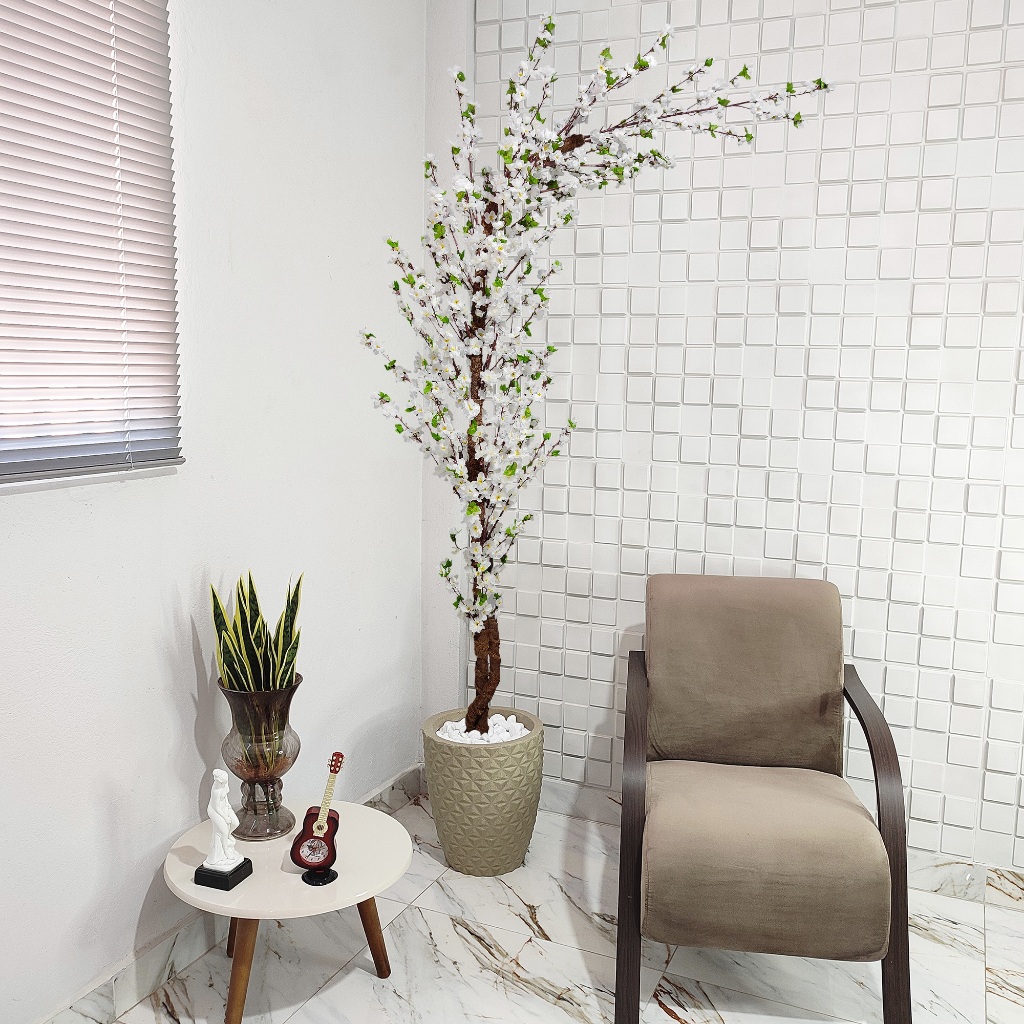 Arvore Artificial Cerejeira Branca Curva 220cm Sakura Vaso Pedra